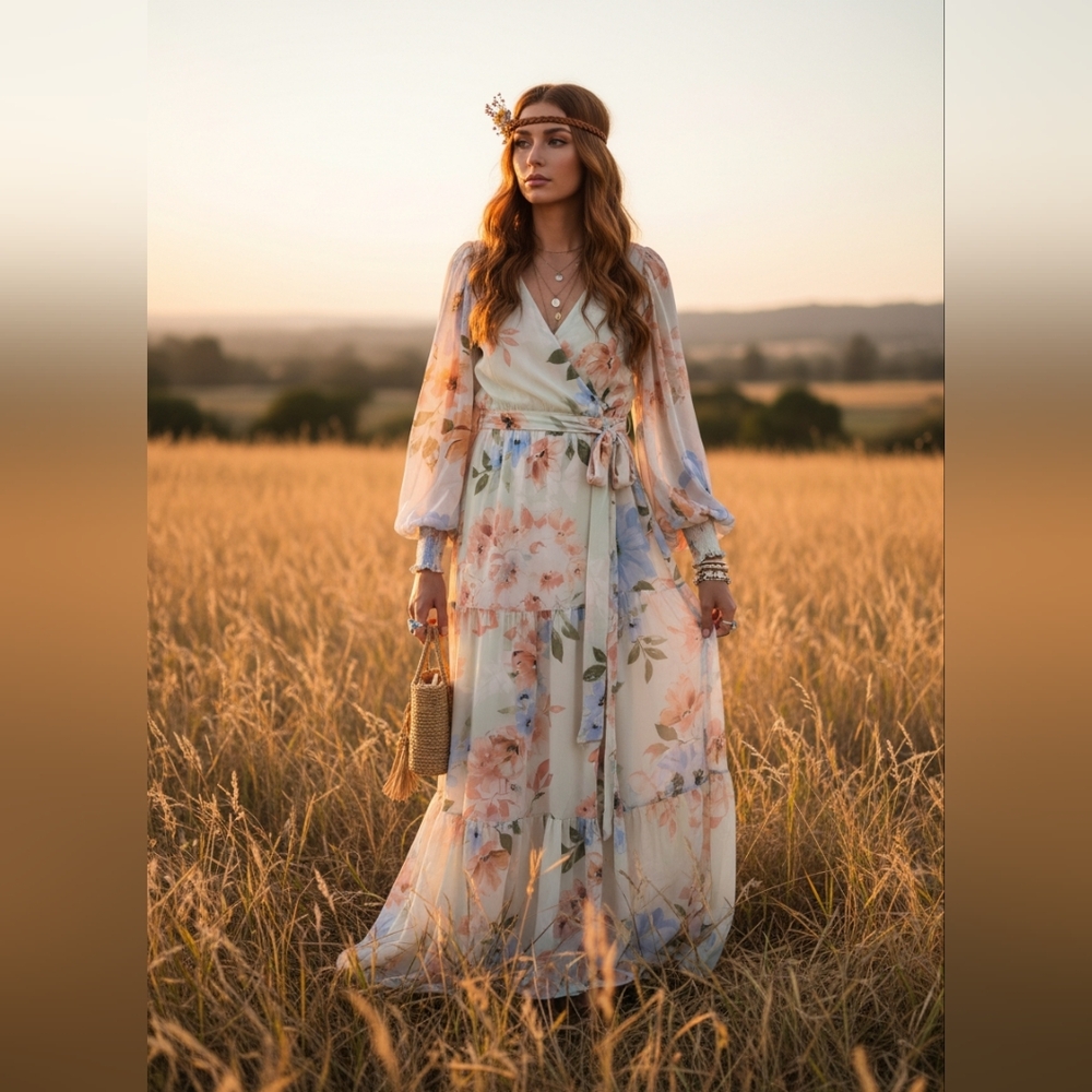 Anthropologie Floral Wrap Maxi Dress in Cream, Pink & Blue